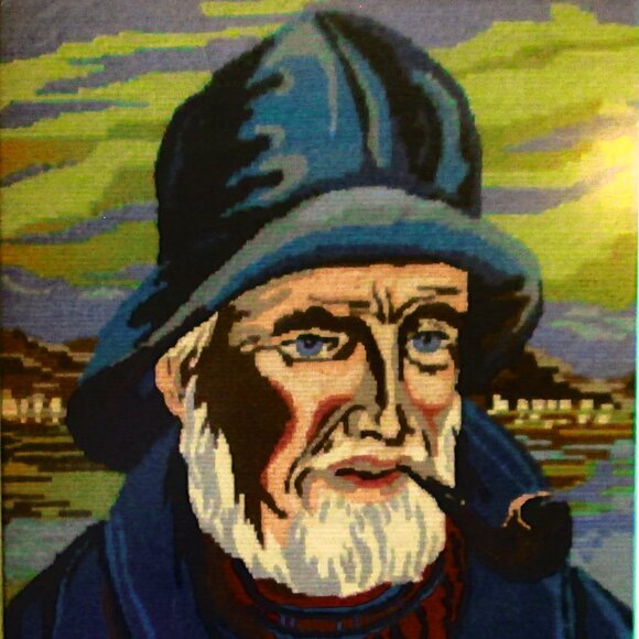 Old Man by the Sea framed needlepoint made in Denmark - Picture 2 of 6
